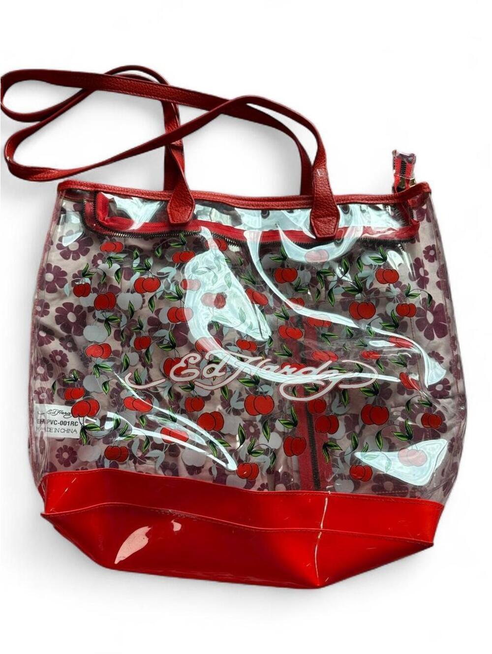 Ed Hardy Clear Cherry Print Tote Bag Red Faux Leather Trim Y2K
